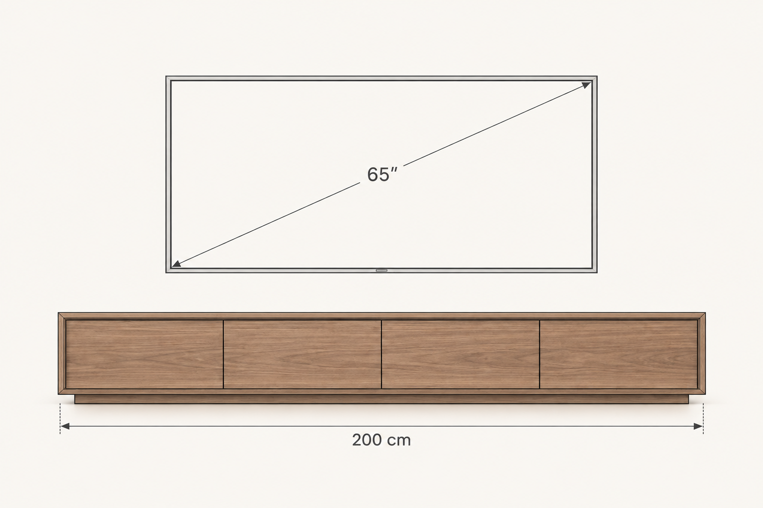 Ilustrativni prikaz televizora dijagonale 65 inča iznad komode širine 200 cm.