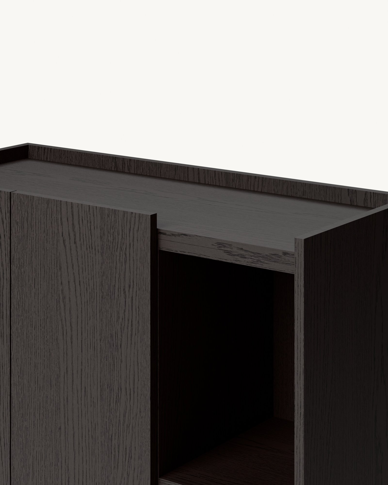Vektor B visoka komoda sa bočnim nišama – Crni furnir — Katalog · Detalj materijala i spoja